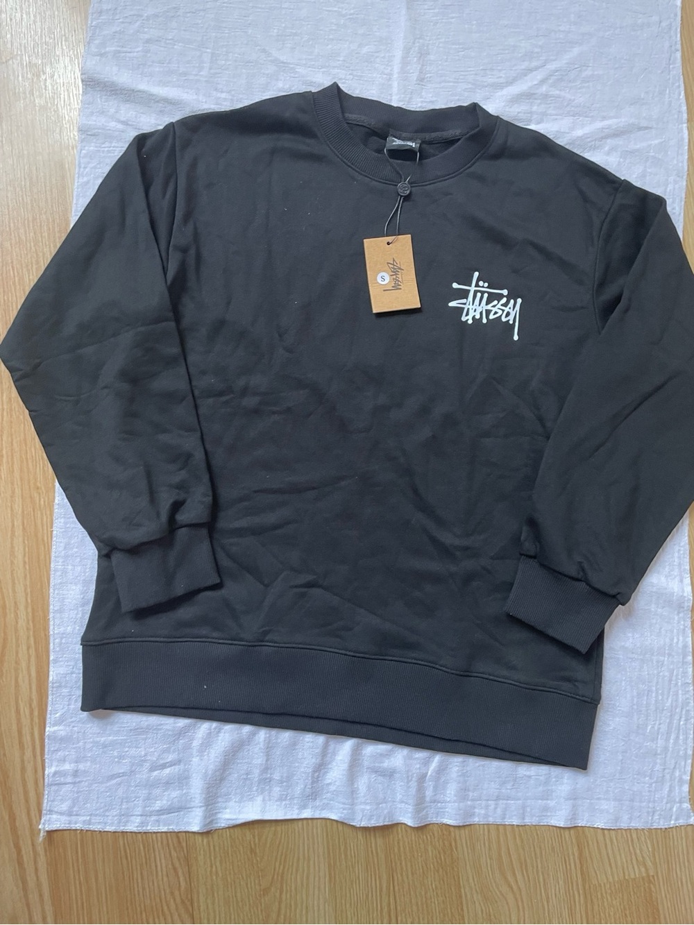 Stussy Black Crewneck Sweatshirt with White Script Logo